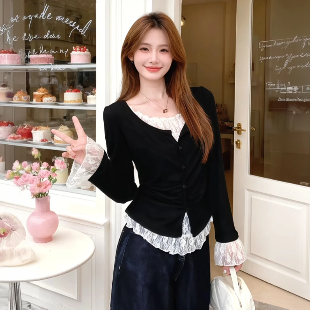 大码法式蕾丝拼接假两件长袖t恤女秋冬胖mm遮肉显瘦内搭外穿上衣