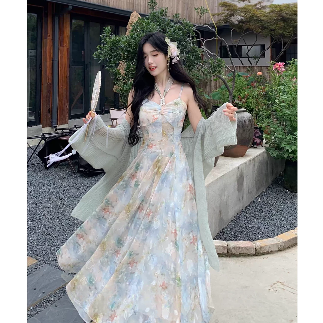 大码春季法式复古油画艺术欧若风穿搭挂脖吊带连衣裙女新款10862