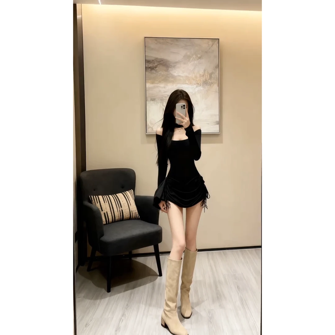 一字肩长袖针织连衣裙女装2025秋季新款辣妹抽绳褶皱收腰超短裙