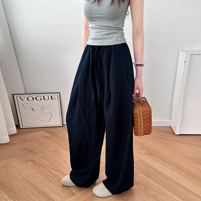 【现货+全包边】天丝亚麻夏季时尚百搭抽绳松紧腰简约弯刀裤休闲裤