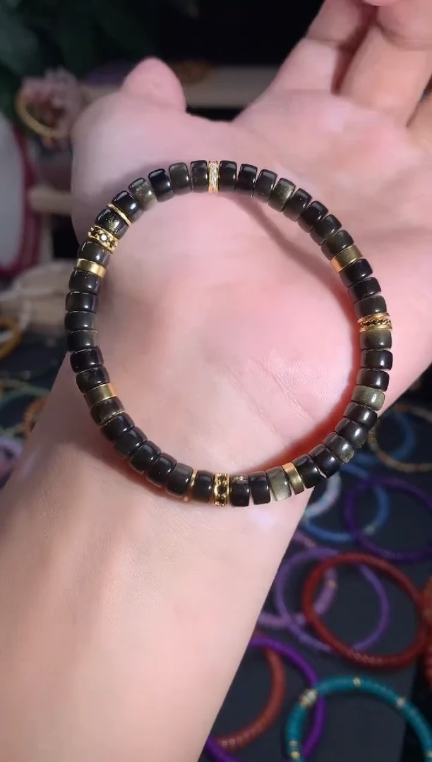 黑曜岩银S925镶嵌手链药片手串