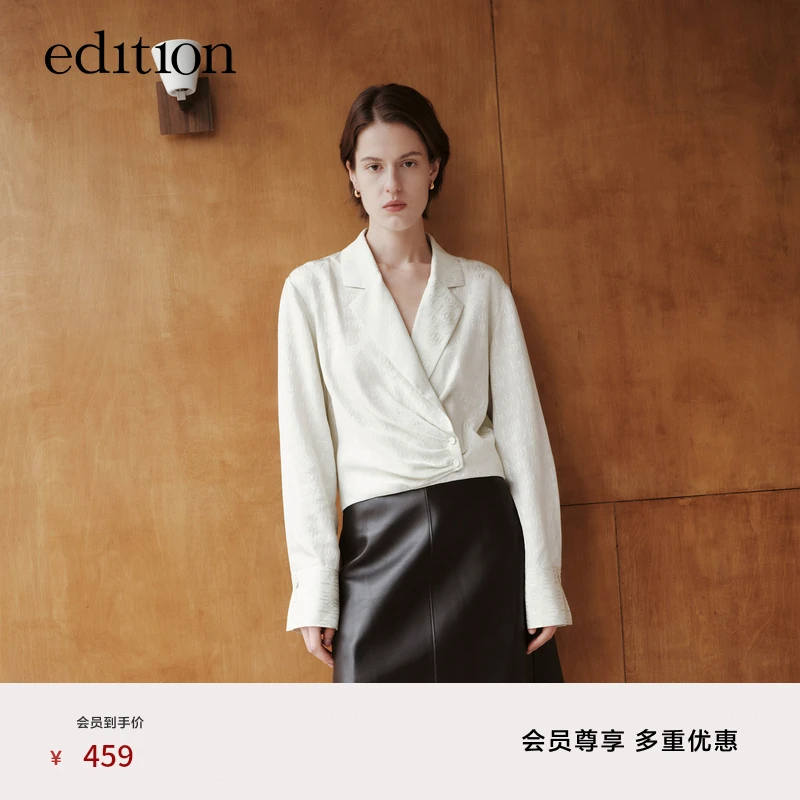 edition西装领桑蚕丝印花上衣女短款收腰衬衣#EBC1TOPT11