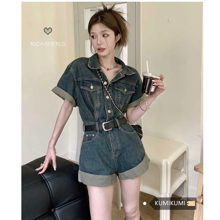 甜酷牛仔连体裤复古港风卷边短裤女夏季收腰显瘦阔腿裤连衣裤套装