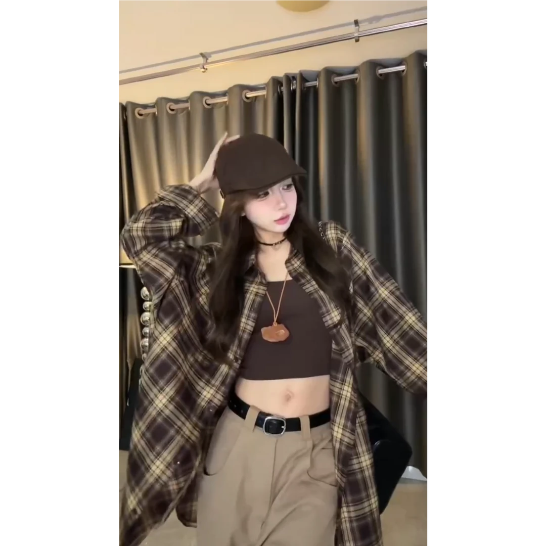 慵懒复古长袖polo领防晒衬衫女春休闲宽松中长款外套上衣格子衬衣