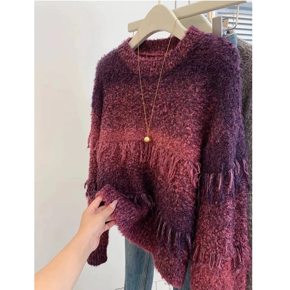 个性新款宽松渐变色圆领套头幻彩流苏针织衫上衣 E026