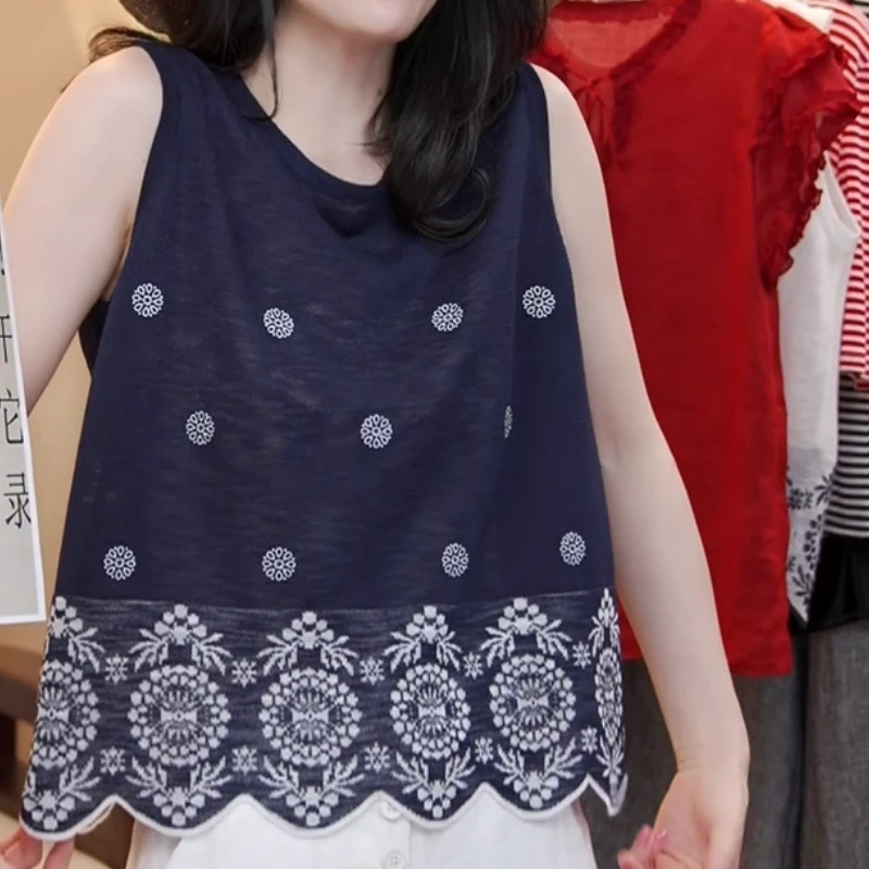 2025夏季新款复古圆领拼色花朵时尚休闲无袖背心LK2504117