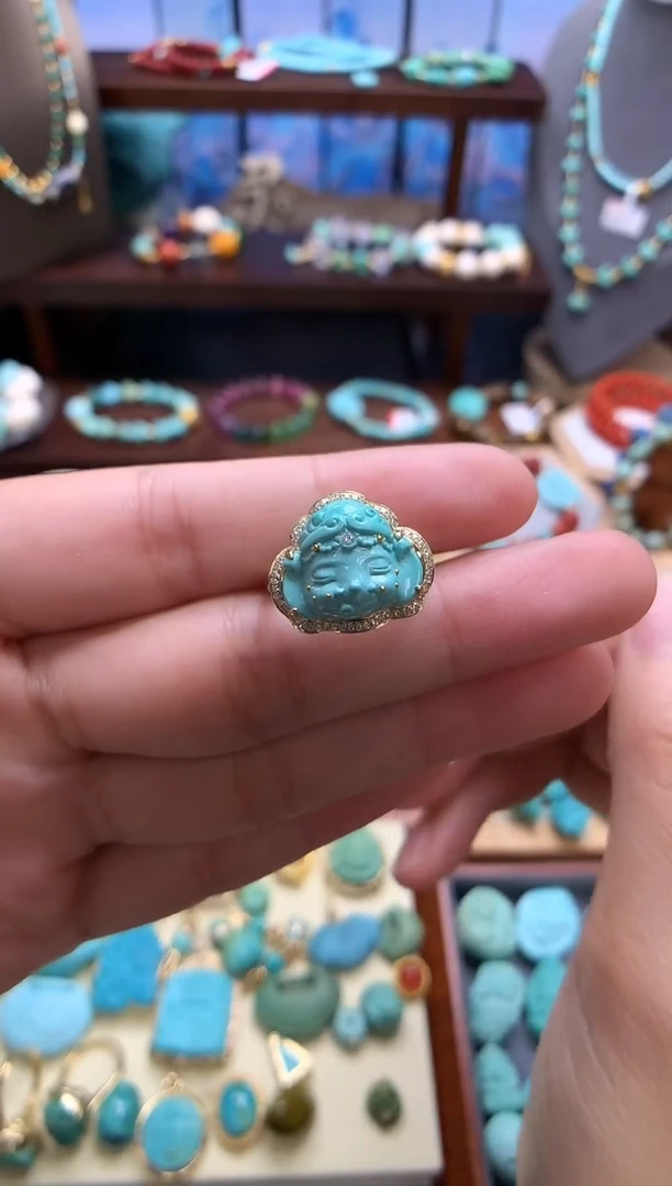 18K金镶嵌绿松石戒指精工绿松石小象戒指