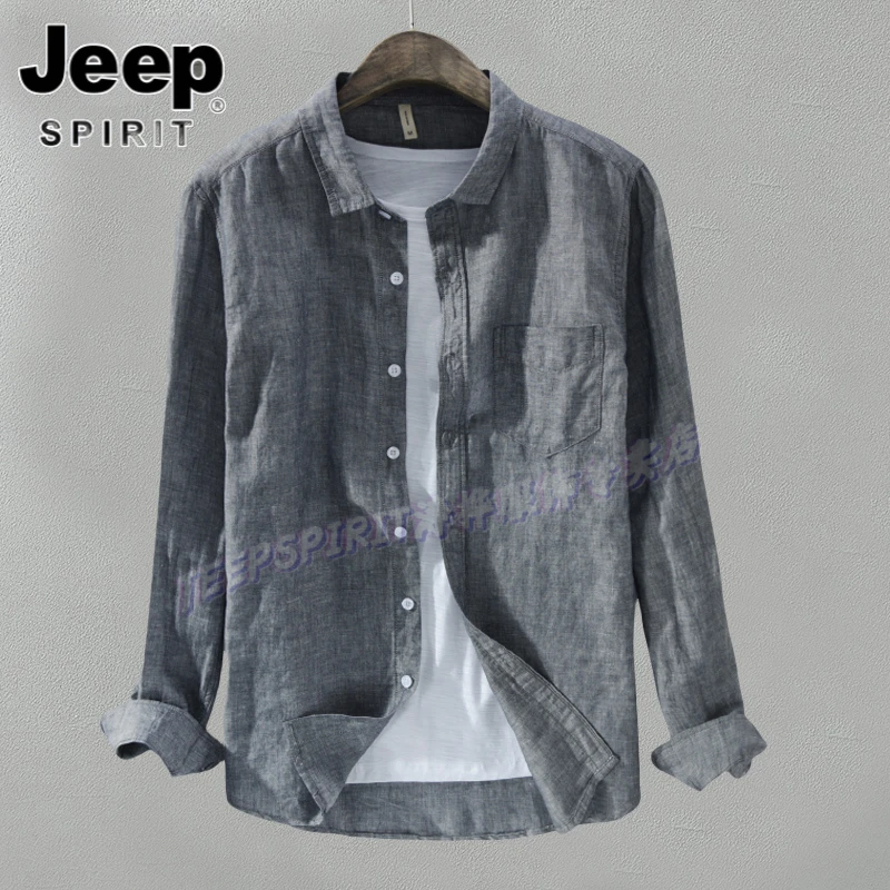 Jeep吉普休闲亚麻透气衬衫男长袖宽松薄款衬衣春秋季透气方领上衣