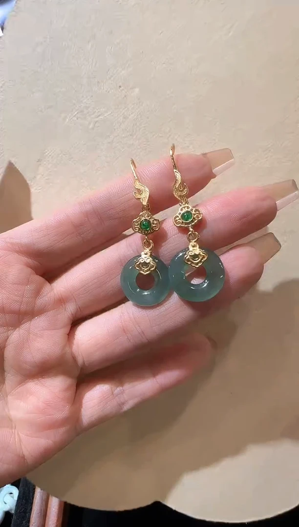 【闪购商品】翡翠耳饰银S925镀金镶嵌国风