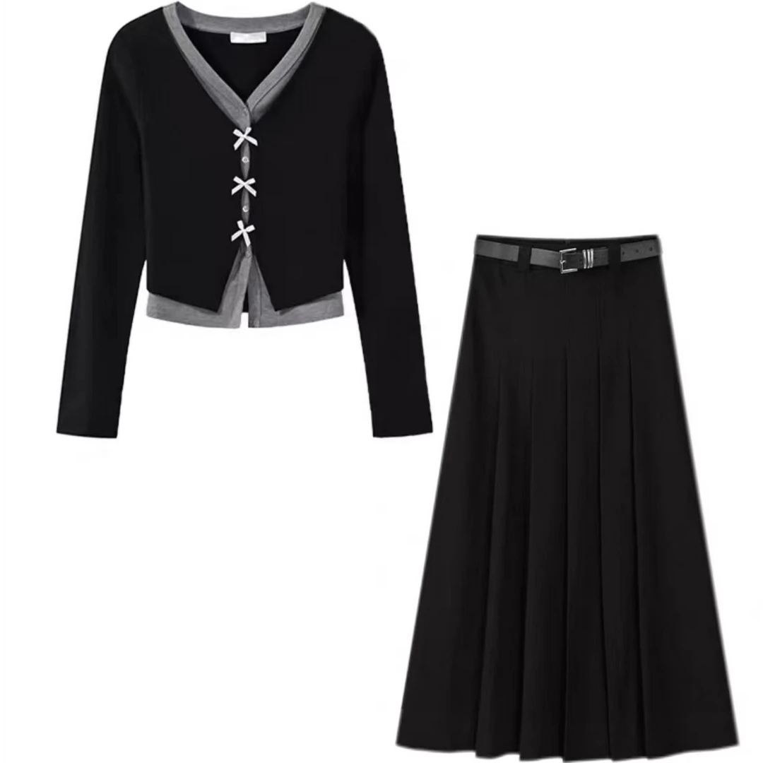 【送皮带】新款针织开衫半身裙高腰显瘦百褶裙气质两件套