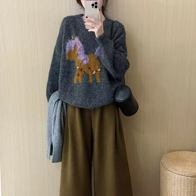 「彩鬓小马」独角兽慵懒风提花亮片针织衫百搭上衣巨好看软糯秋冬
