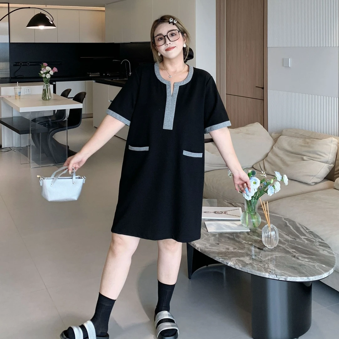 媛子大码小众高级感小香风连衣裙撞色夏季新款时髦洋气女装短裙