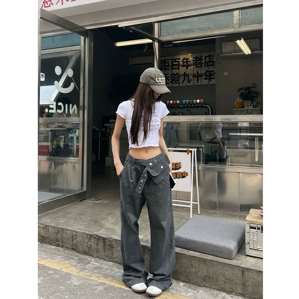 美式水洗做旧微喇显瘦直筒工装裤复古日常通勤腰包长裤clenanfie