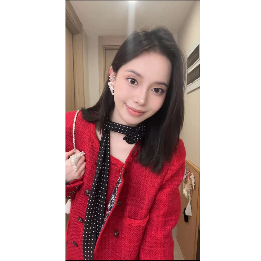 【荔枝版】2025ss复古红色小香风法式粗花呢双排扣外套#2203