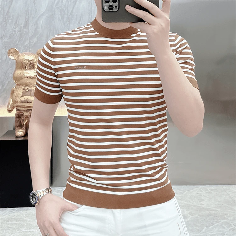 高档欧货短袖t恤男士圆领针织夏季半袖潮流上衣痞帅修身条纹百搭t