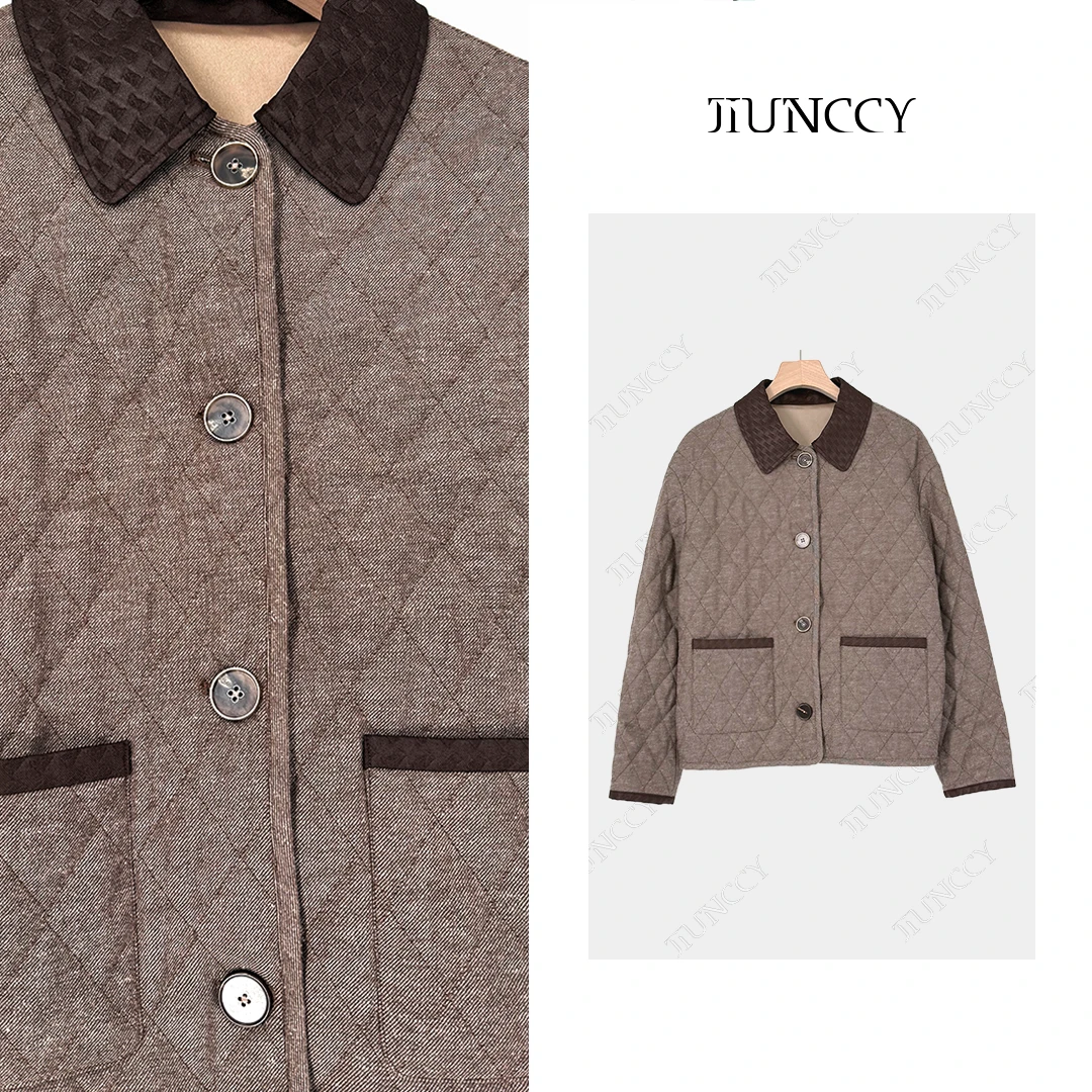 JIUNCCY【格境】羊毛亚麻混纺菱格衍缝格纹夹羊毛短款外套 52YWT072