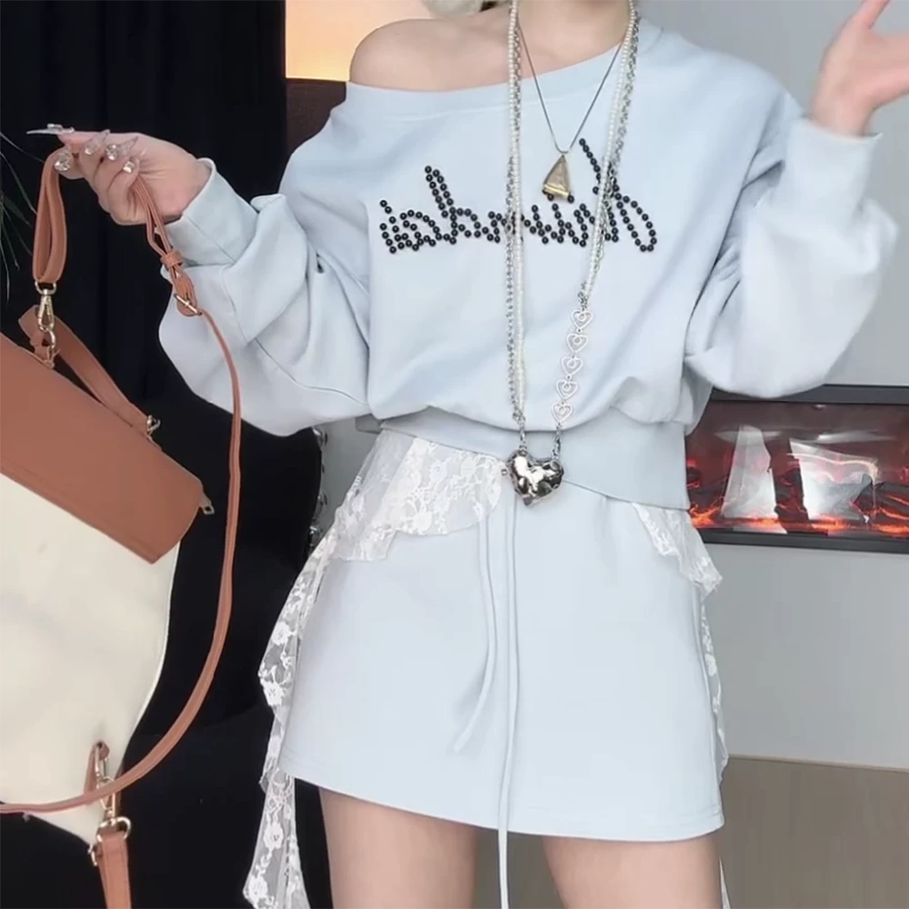 【心动讯号】白月光显瘦休闲露肩气质撞色卫衣韩版半身裙套装两件套