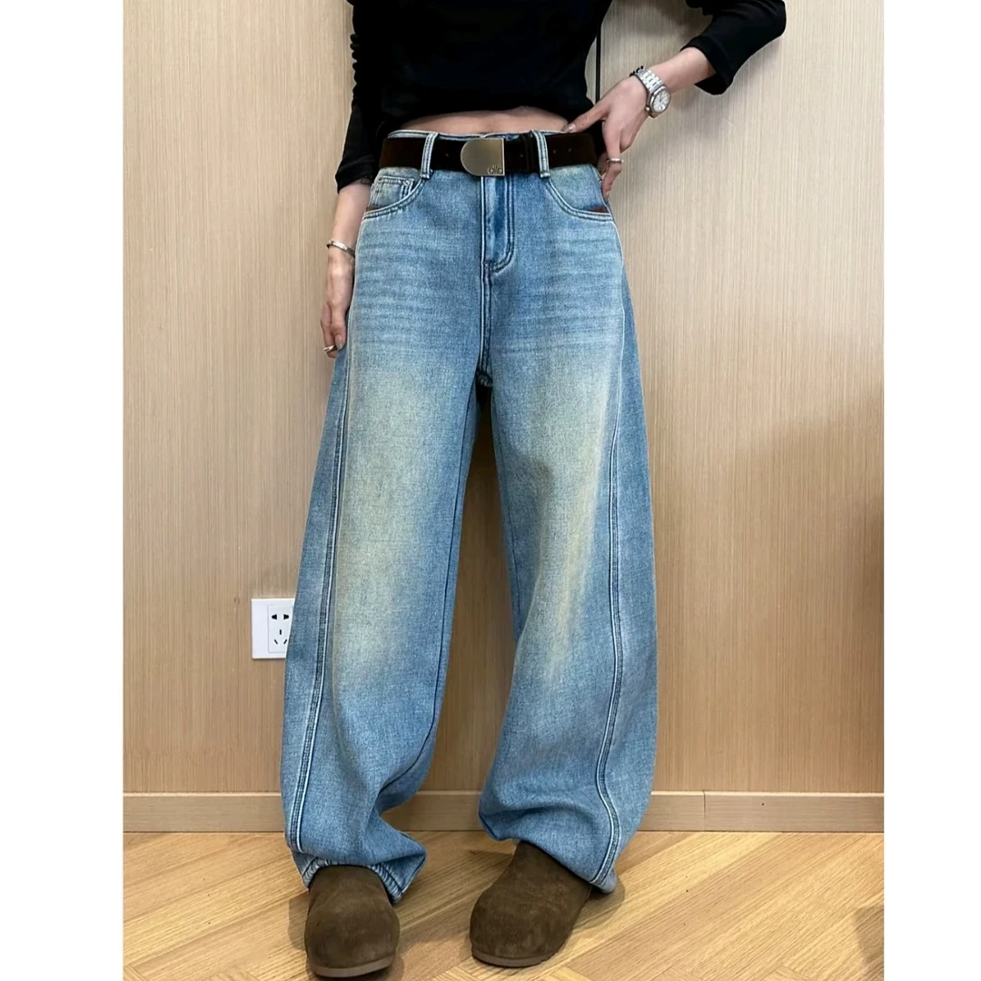 秋冬新款痞帅拼色加绒牛仔裤梨形身材中腰宽松显瘦洋气百搭