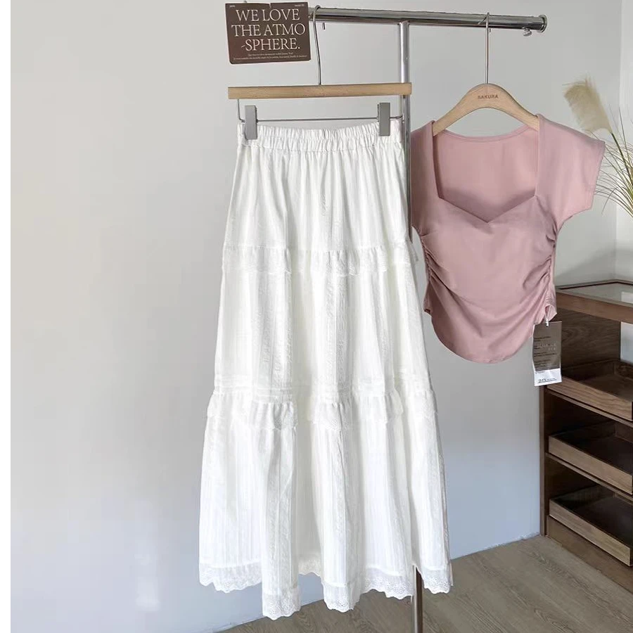 荷叶边松紧高腰遮跨白色中长裙女2025春季新款韩版百搭a字半身裙