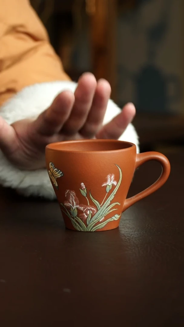 茶杯紫砂64号 鸢尾花把杯 宜兴紫砂原矿作品