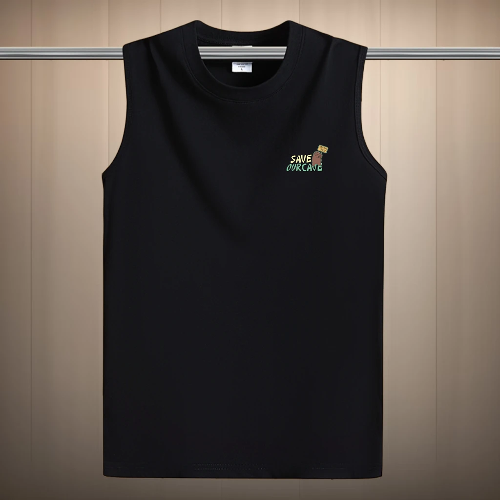 夏季纯棉男款坎肩背心宽松简约印花无袖透气运动T恤时尚休闲内搭