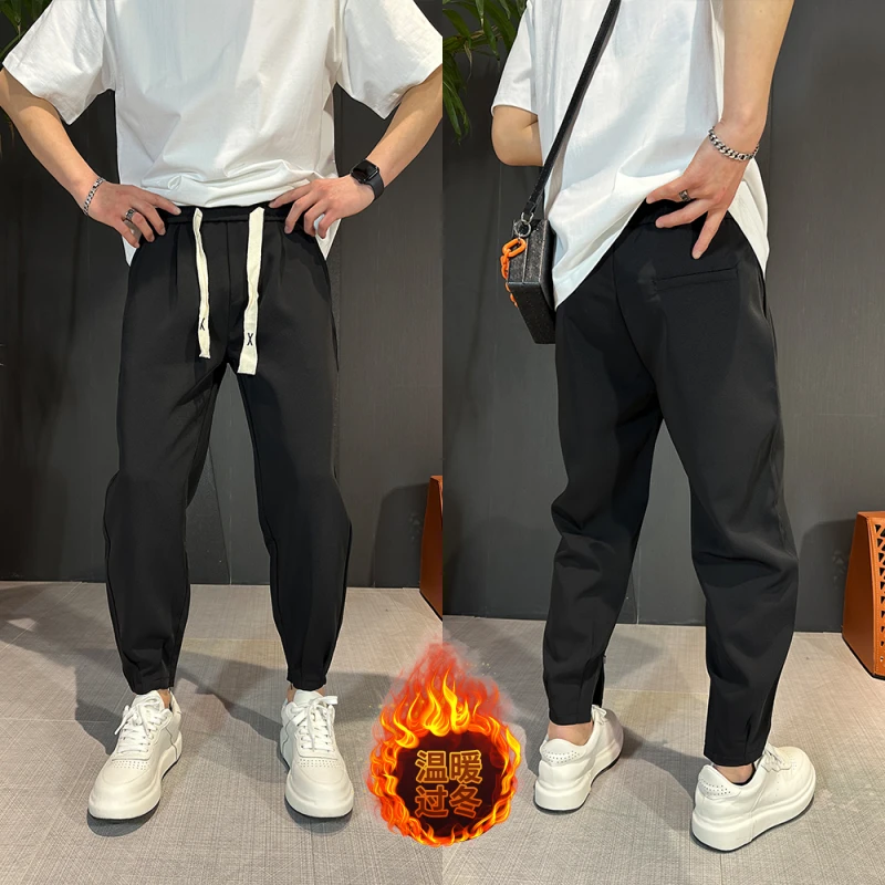松紧腰抽绳束脚裤男士春秋新款九分加绒西裤休闲裤潮牌痞帅哈伦裤