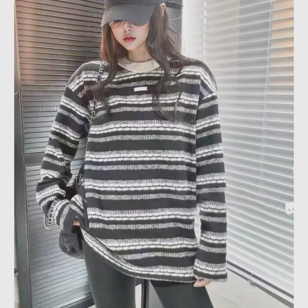 【城市日记】撞色条纹休闲百搭洋气别致针织毛衣.Y780