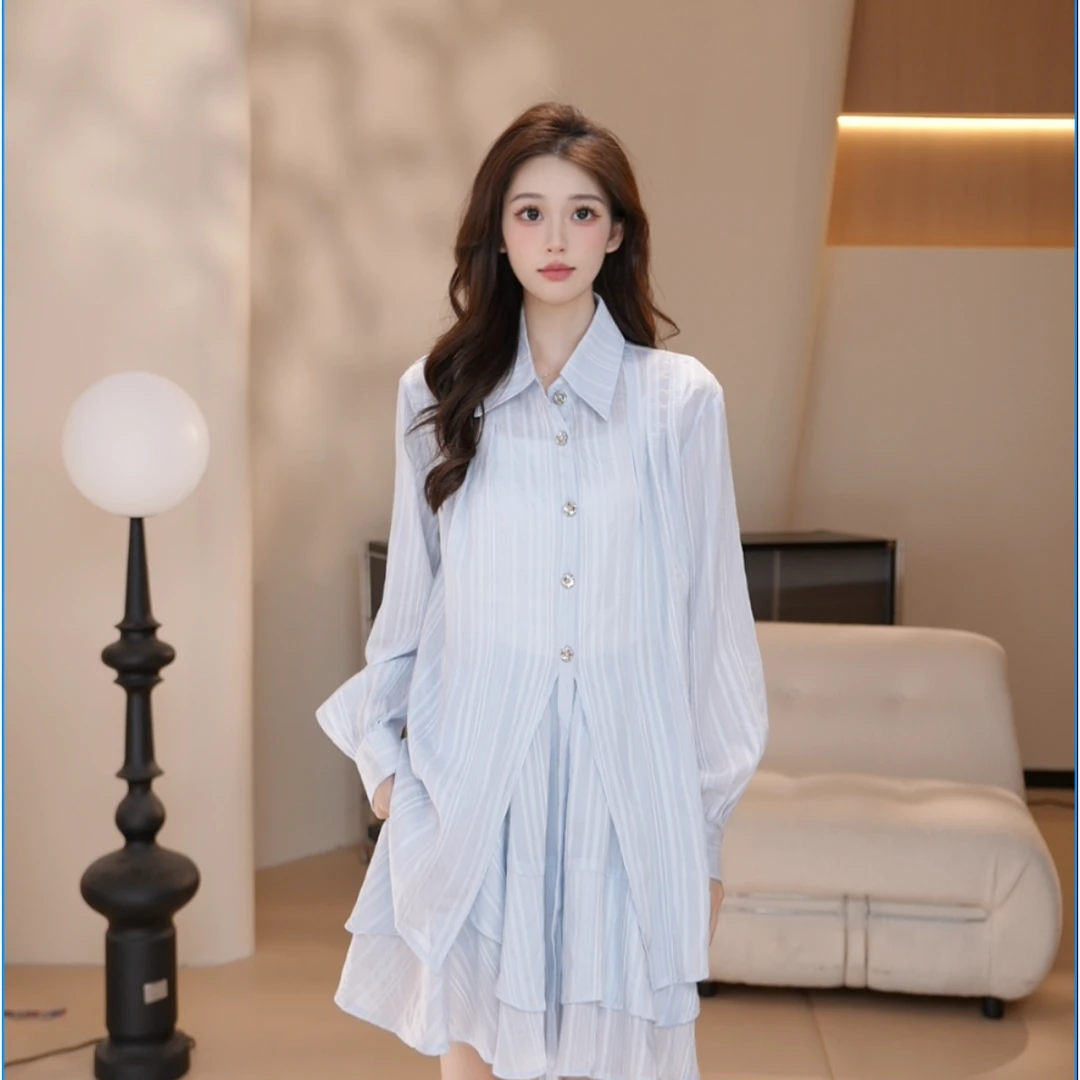 Basic House/百家好HS时尚气质休闲套装高级感简蓝色宽松百搭女