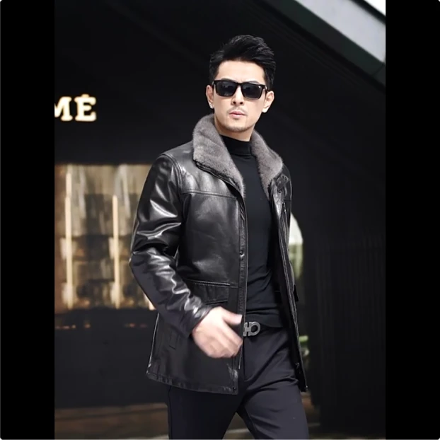 修身型黑色皮衣百搭男中长款秋冬厚款加绒皮毛一体真皮商务保暖