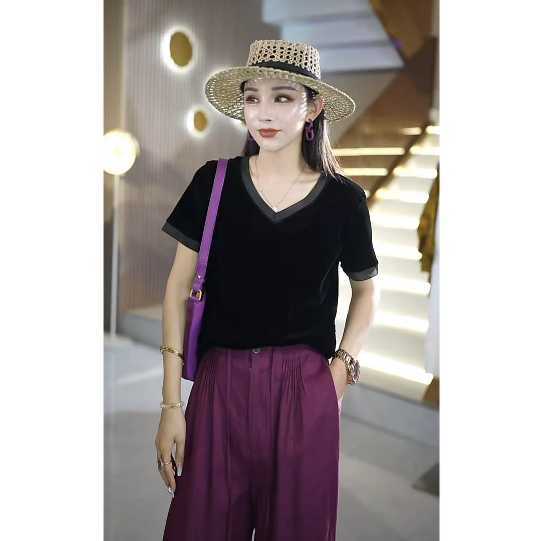 夏季时尚气质百搭修身显瘦女士植绒V领短袖T恤针织衫2W+98500545m