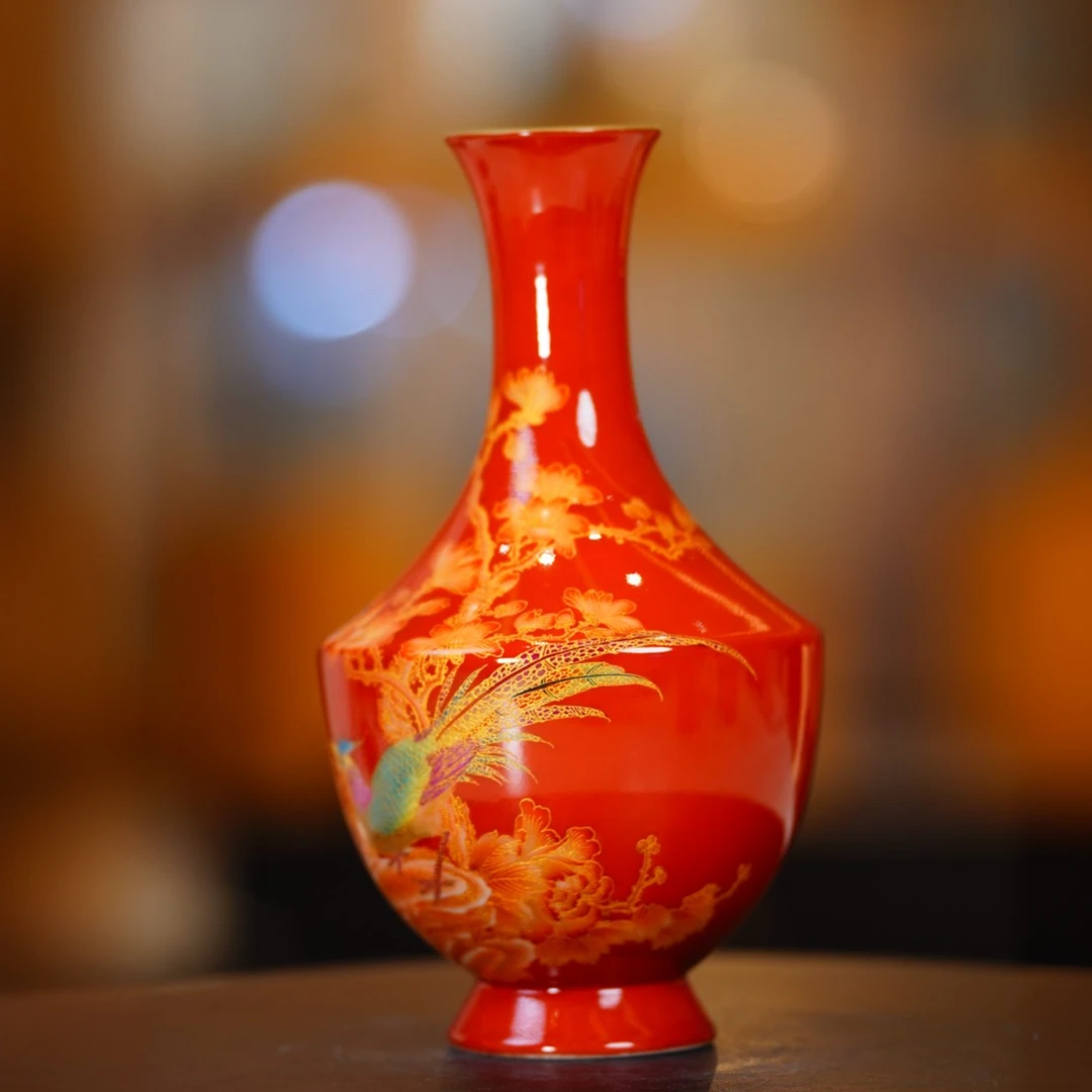 【樊匠造器】金丝珐琅油红锦鸡赏瓶瓷器