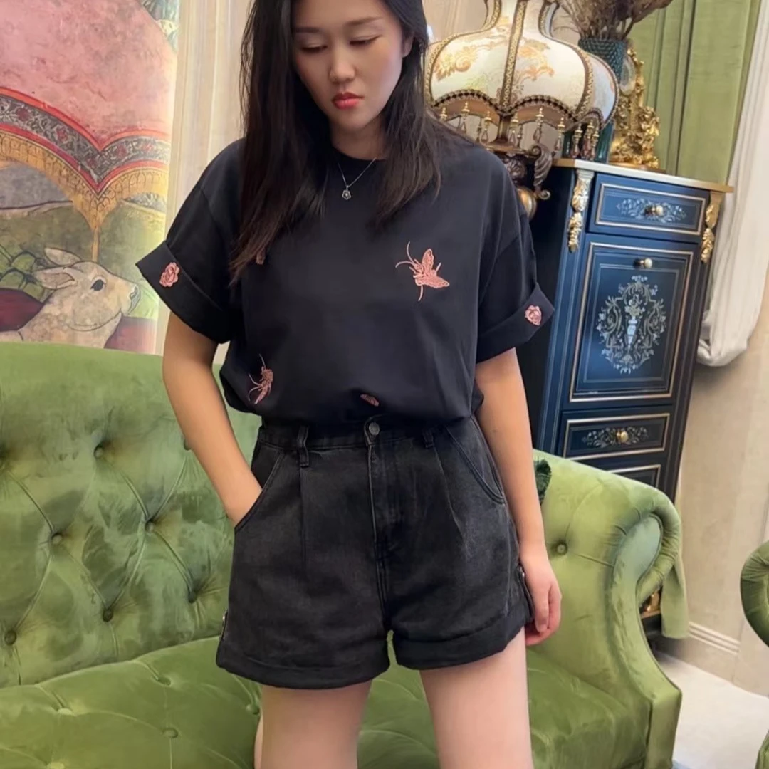 2421-SZ夏季新款满印时尚印花纯棉女装短袖圆领百搭纯色创意T恤