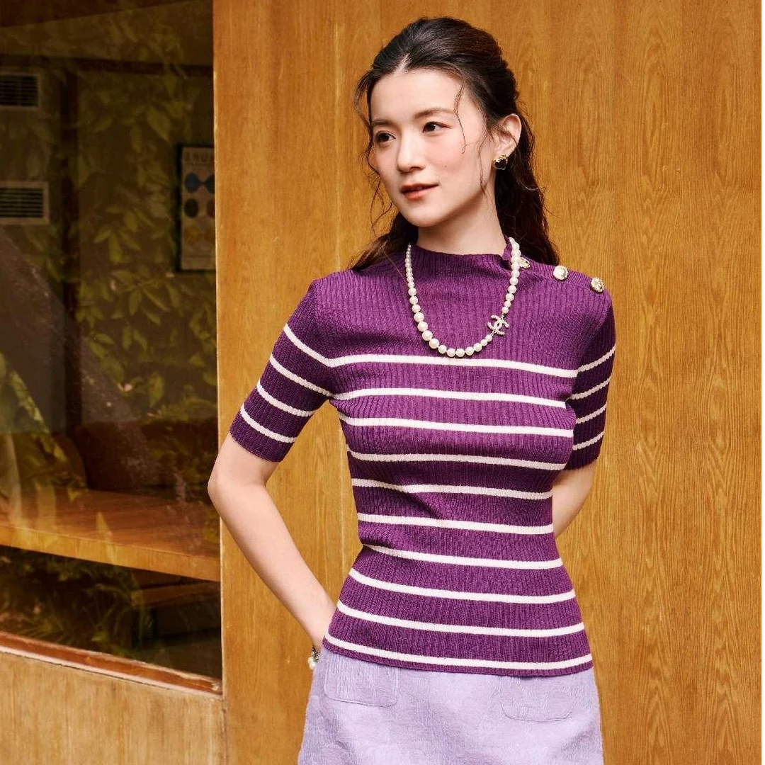 【她翼】春季打底衫套头毛针织衫中袖套衫拼色薄款条纹CW0321341721