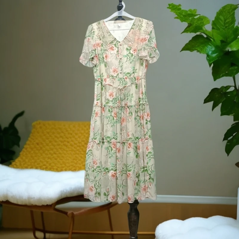 夏季娃娃领玫瑰花拼接洋气连衣裙C082