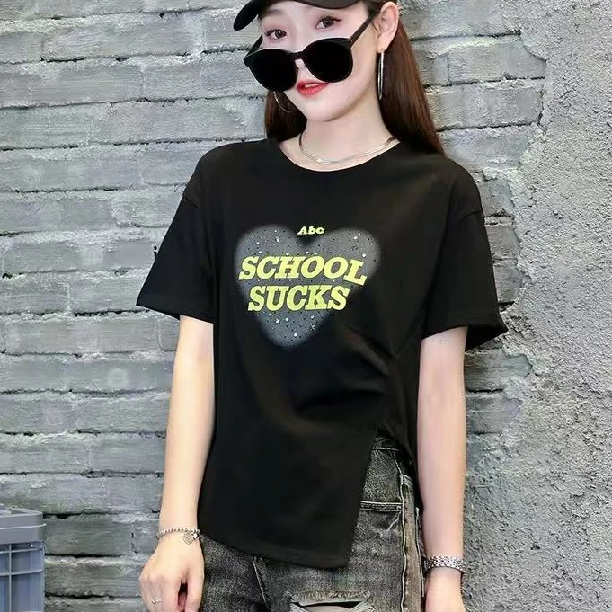 不规则短袖T恤女夏季新款时尚洋气减龄上衣#3905