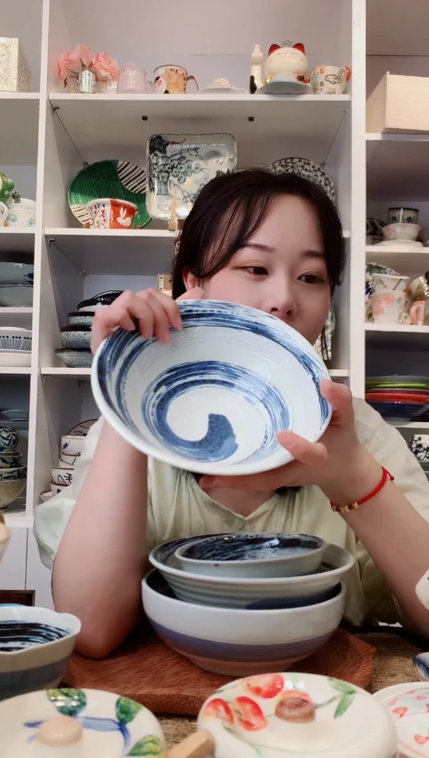 陶瓷美浓烧风吹清流大斗笠面碗19cm