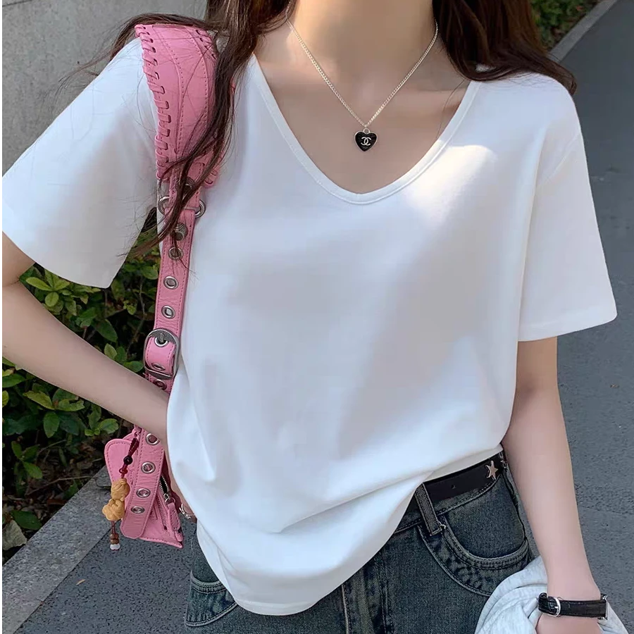 纯色V领百搭正肩打底衫T恤女2025新款宽松显瘦休闲简约半袖上衣