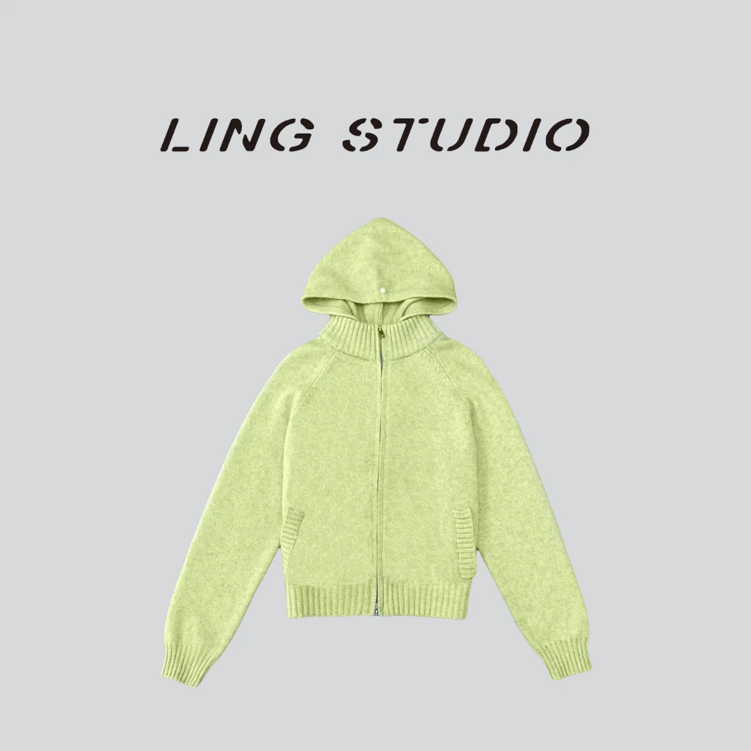 LING/STUDIO『莫兰迪​』绵羊毛纯色百搭减龄连帽开衫毛衣5091579