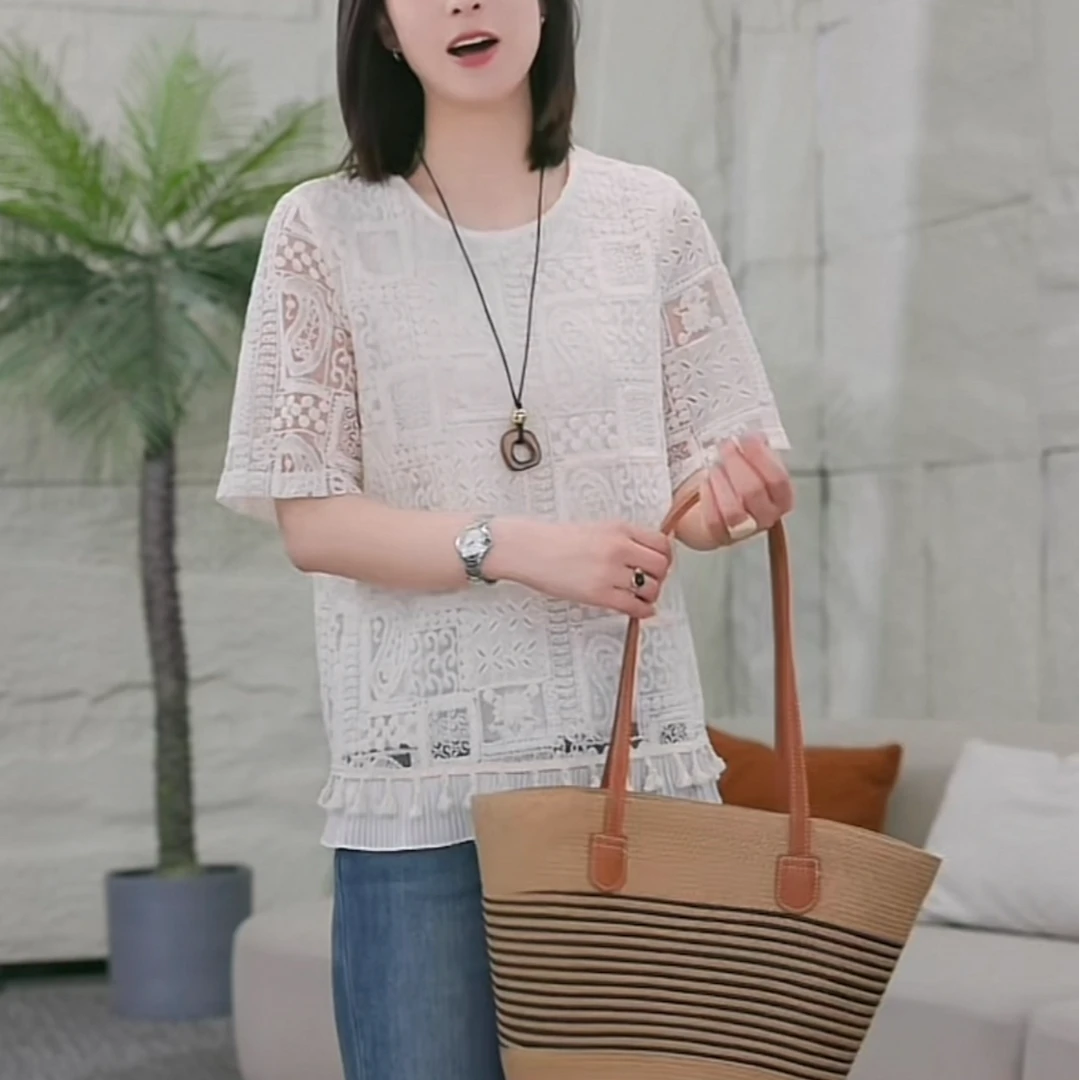 7228刺绣镂空设计感拼接短袖上衣女2025夏季新款时尚洋气百搭T恤