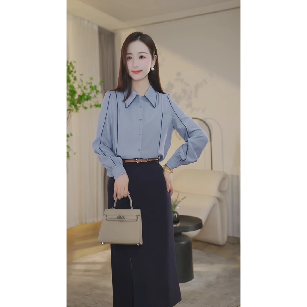 【杨杨专属】气质衬衫长袖蓝色时尚休闲小众设计感8391004天空蓝