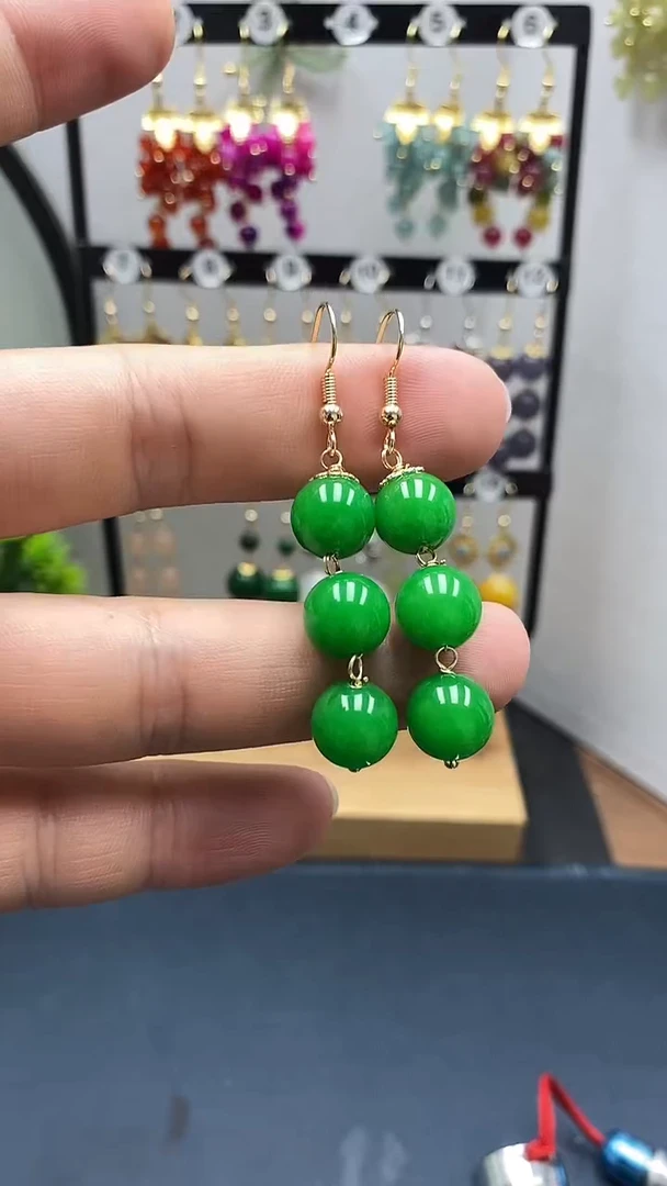 翡翠银S925镀金镶嵌耳饰尺寸10mm连珠