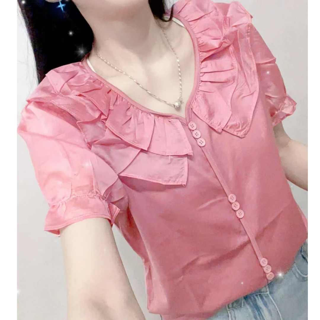 227夏季设计感荷叶边藕荷色上衣夏装泡泡袖减龄T恤短袖