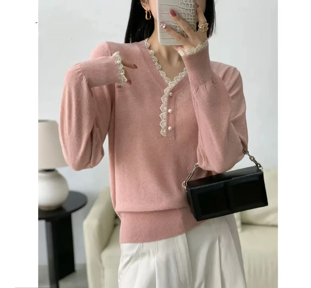 DHR COLLECTTIONS 蕾丝提花针织衫女2025韩系百搭宽松时尚D9322