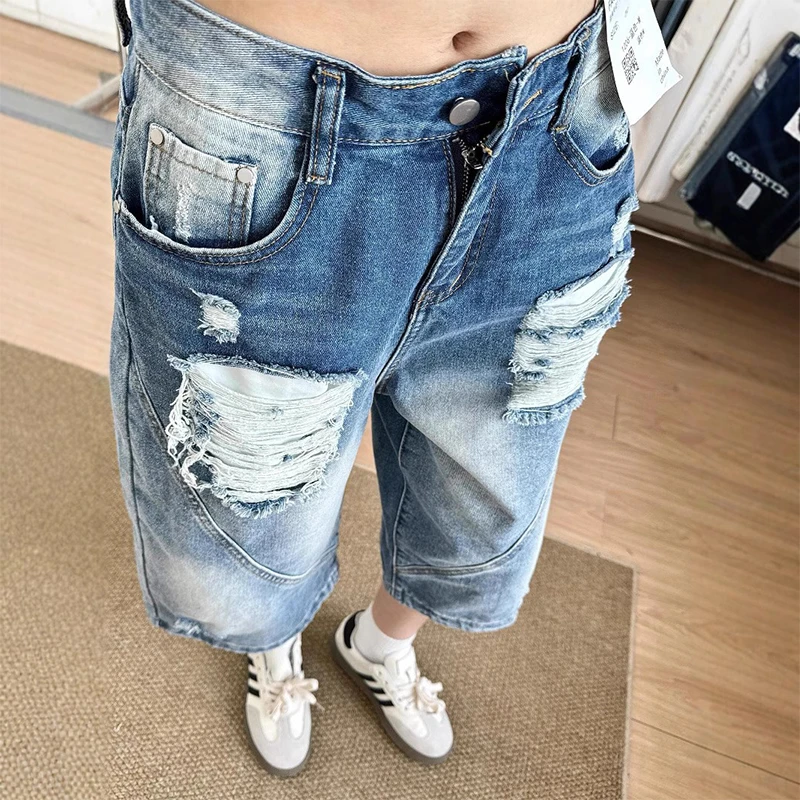 大码美式复古渐变水洗破洞七分裤男女夏季宽松直筒阔腿百搭牛仔裤