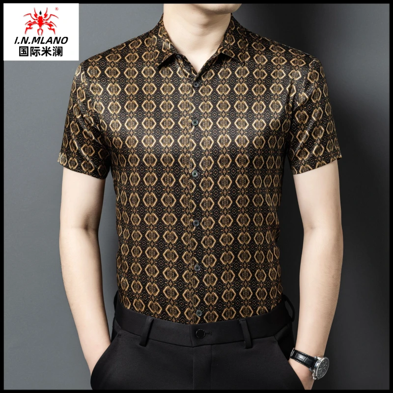 香云纱桑蚕丝衬衫中年男士免烫商务真丝绸缎衬衣高档短袖潮流寸衫