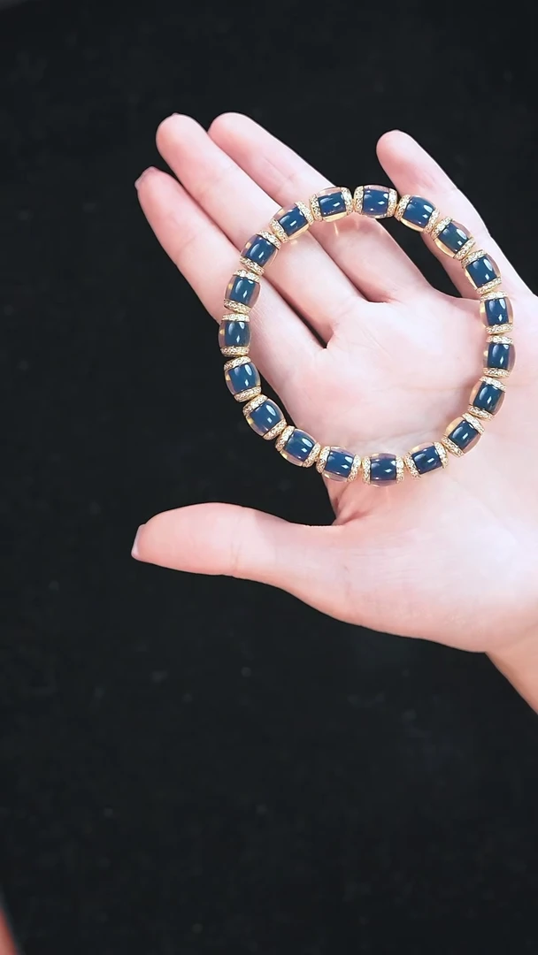 琥珀银S925镀金镶嵌珠宝奇石8MM多米尼加文玩串