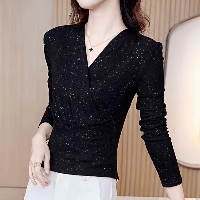 秋季新款螺纹棉t恤显瘦气质百搭修身洋气打底衫黑色v领长袖上衣女