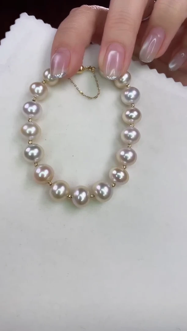18K金镶嵌手链海水珍珠干枯玫瑰8-10mm