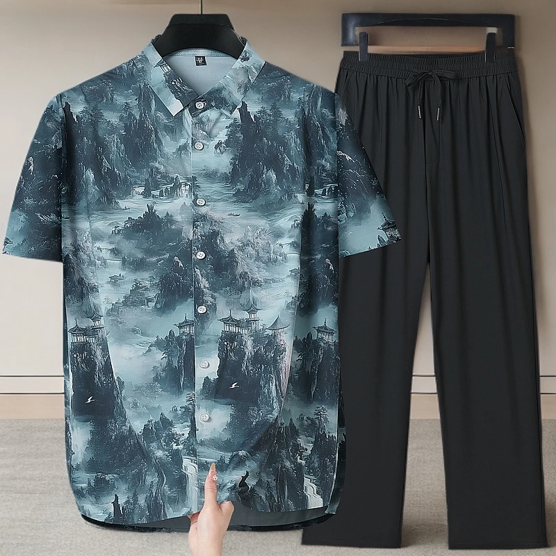 TUCANO/啄木鳥衬衫男中老年爸爸夏季冰丝套装爸爸夏装衬短袖套装