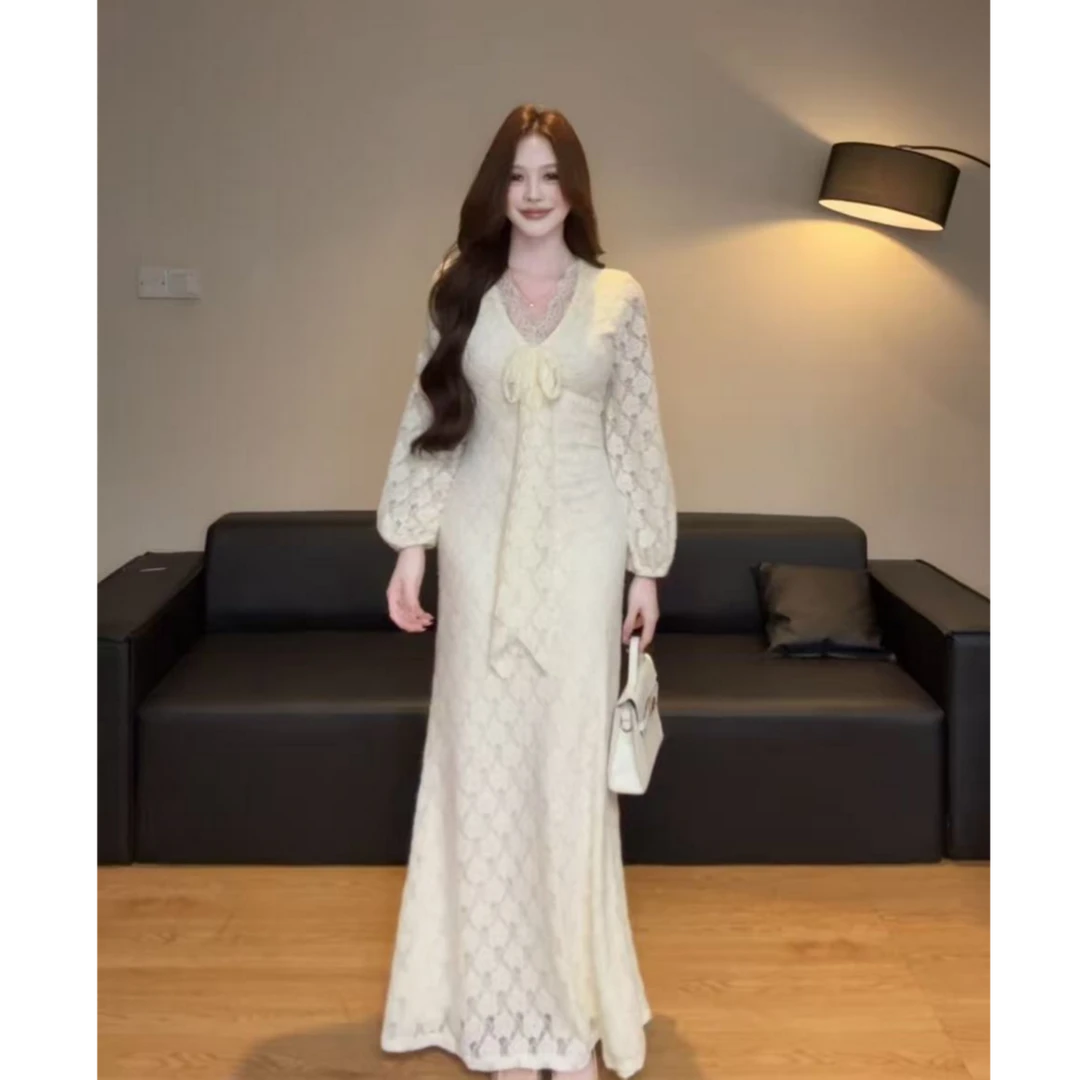 2025新款韩系千金感收腰气质法式温柔暖杏轻烟长裙裙子女